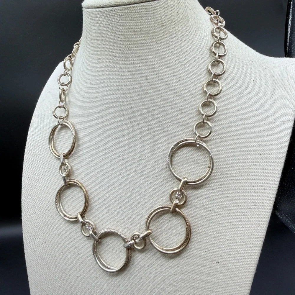 Silver Tone Circle Link Statement Necklace Rhinestone Accents Modern Geometric